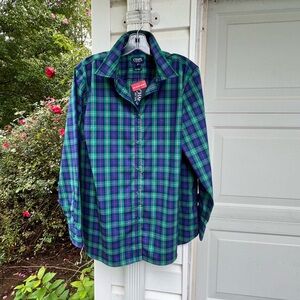 NWT Chaps By Ralph Lauren Blue Green Multicolored Woven Plaid Non-Iron Blouse
